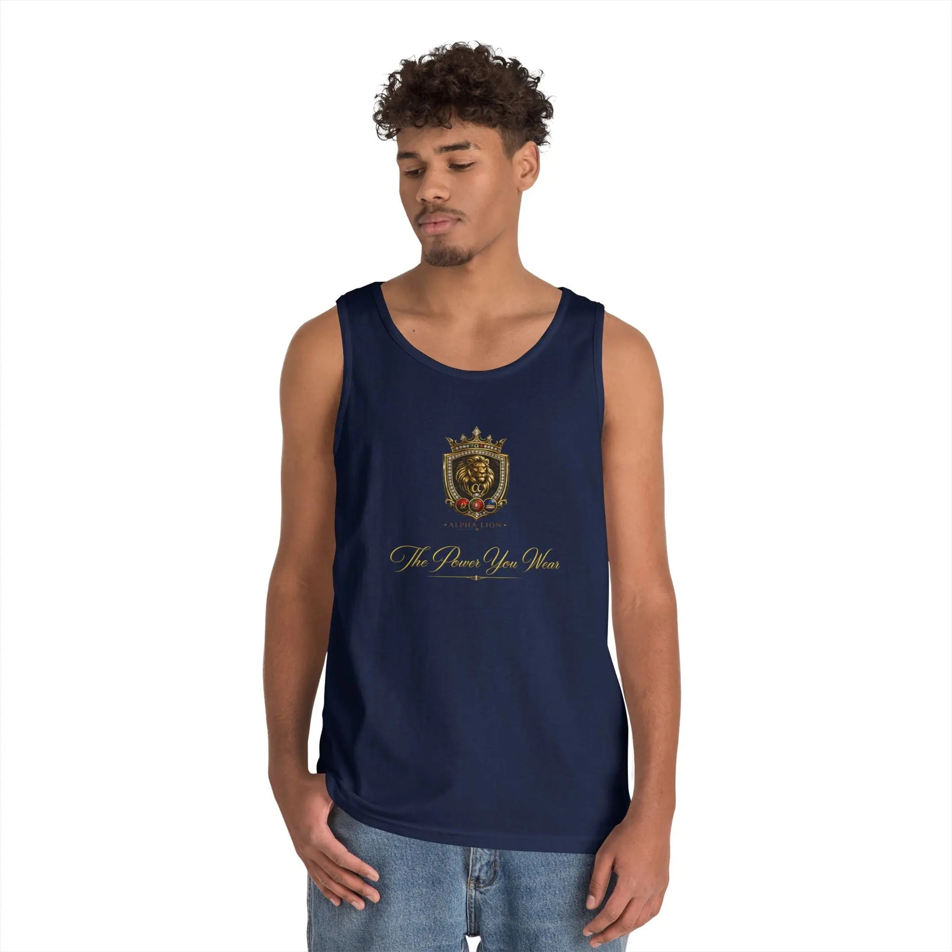 Alpha Lion Tank Top — Vintage Cherub Emblem Chest Print Printify