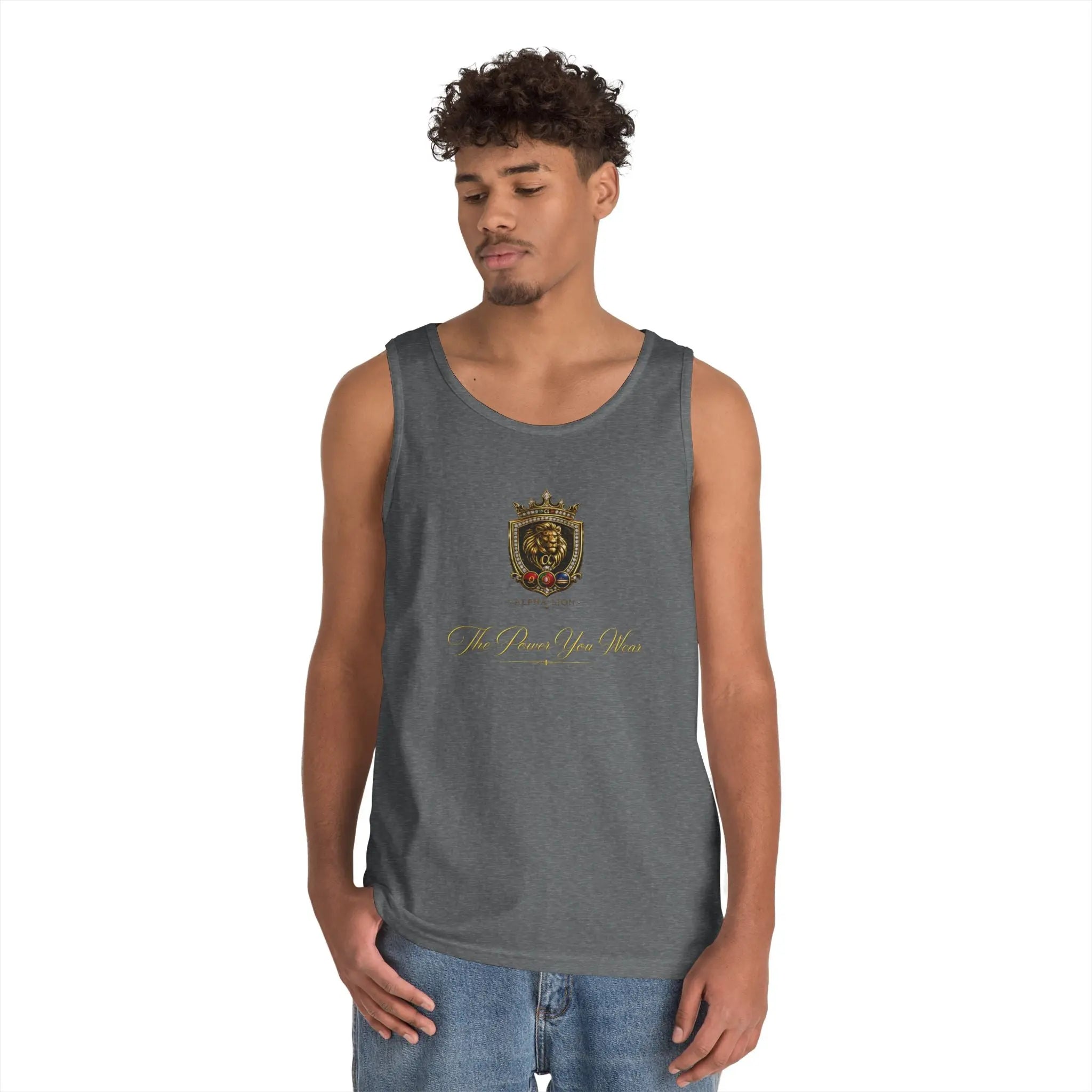 Alpha Lion Tank Top — Vintage Cherub Emblem Chest Print Printify